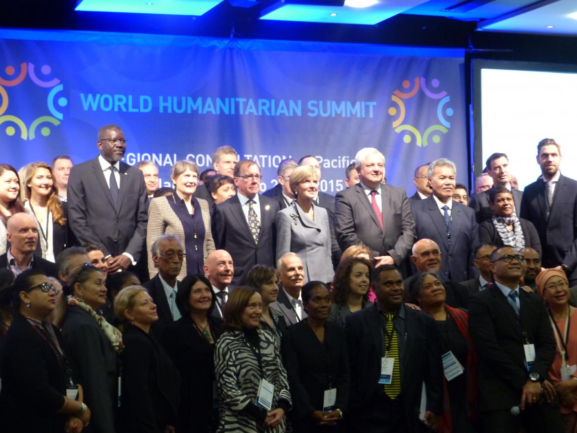 World Humanitarian Summit Pacific Regional Consultation delegates with Elhadj As Sy, Helen Clark, Murray McCully, Julie Bishop, Stephen O'Brien, Prime Minister Sopoaga in Auckland. 30 June 2015.