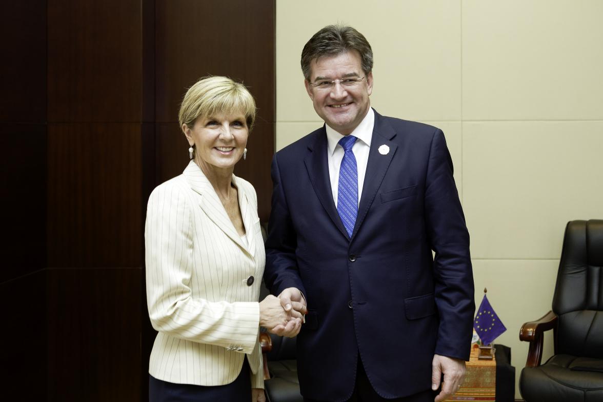 Australian Foreign Minister Julie Bishop meets HE Mr Miroslav Lacjak, Minister of Foreign Affairs of Slovakia and current EU President, during the 2016 ASEAN Ministerial Meetings in Vientiane, Laos. 26 July 2016. Photo credit: DFAT/Bart Verweij