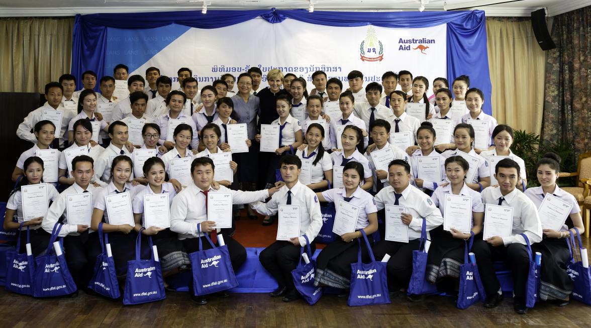 Foreign Minister Julie Bishop presents Bachelor degree certificates to recipients of the Laos-Australia National Scholarship (LANS) in Vientiane, Laos. 27 July 2016. Photo credit: DFAT/Bart Verweij