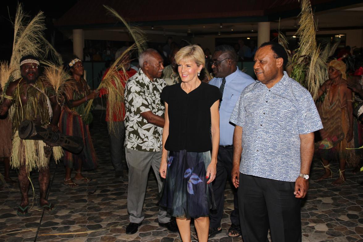 Minister for Foreign Affairs Julie Bishop, and Papua New Guinea Foreign Affairs and Immigration Minister Rimbink Pato watching a traditional performance upon arriving at the Consulate-General opening in Lae, Morobe Province. Photo credit: DFAT/Lynne McAll