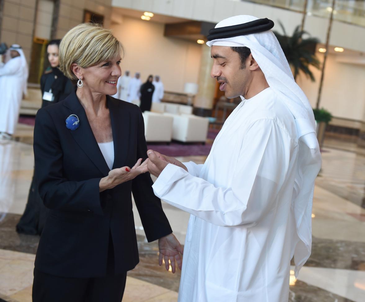 The Hon Julie Bishop MP and HH Sheikh Abdullah bin Zayed Al Nahyan, UAE Minister of Foreign Affairs, give statements at the UAE Ministry of Foreign Affairs in Abu Dhabi, following their meeting.