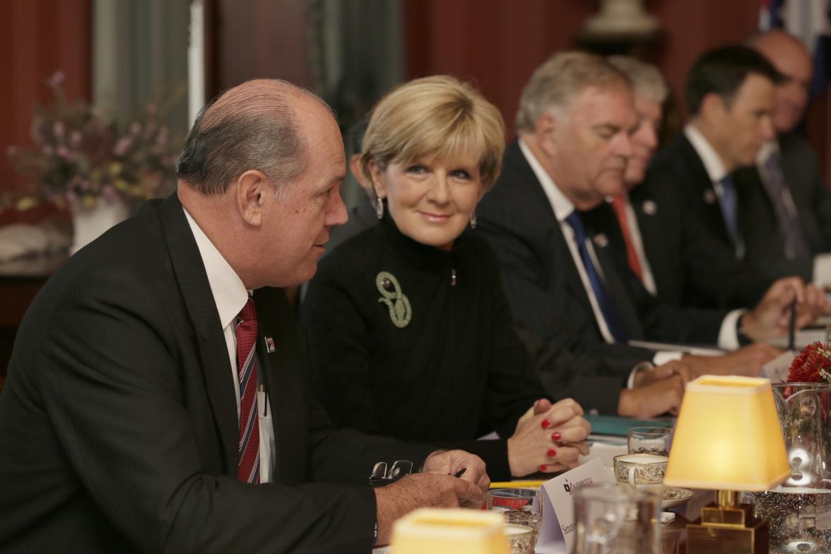 Minister for Defence, David Johnston speaking at the opening of the Australia-United States Ministerial Consultations (AUSMIN) 2014 at Admiralty House in Sydney. 12 August 2014.