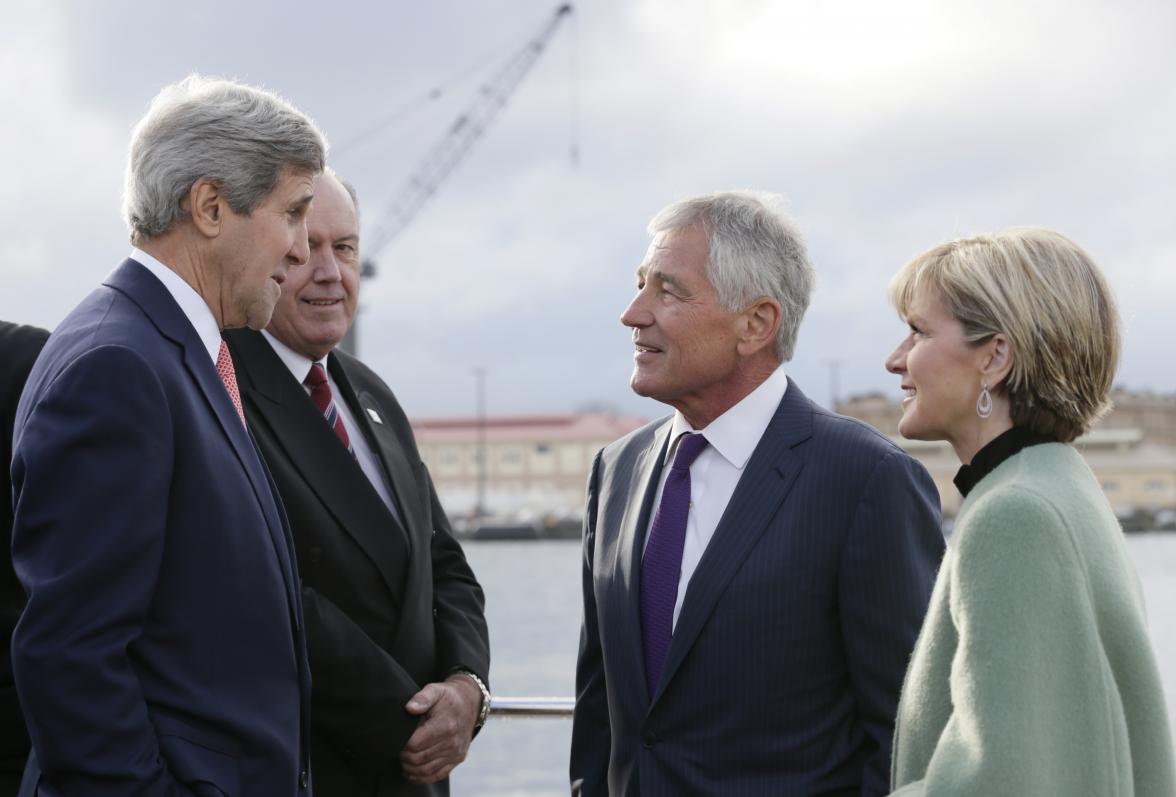 United States Secretary of State, John Kerry, United States Secretary of Defense Chuck Hagel, Minister for Defence, David Johnston speaking with Minister for Foreign Affairs, Julie Bishop ahead of the opening of the Australia-United States Ministerial Con