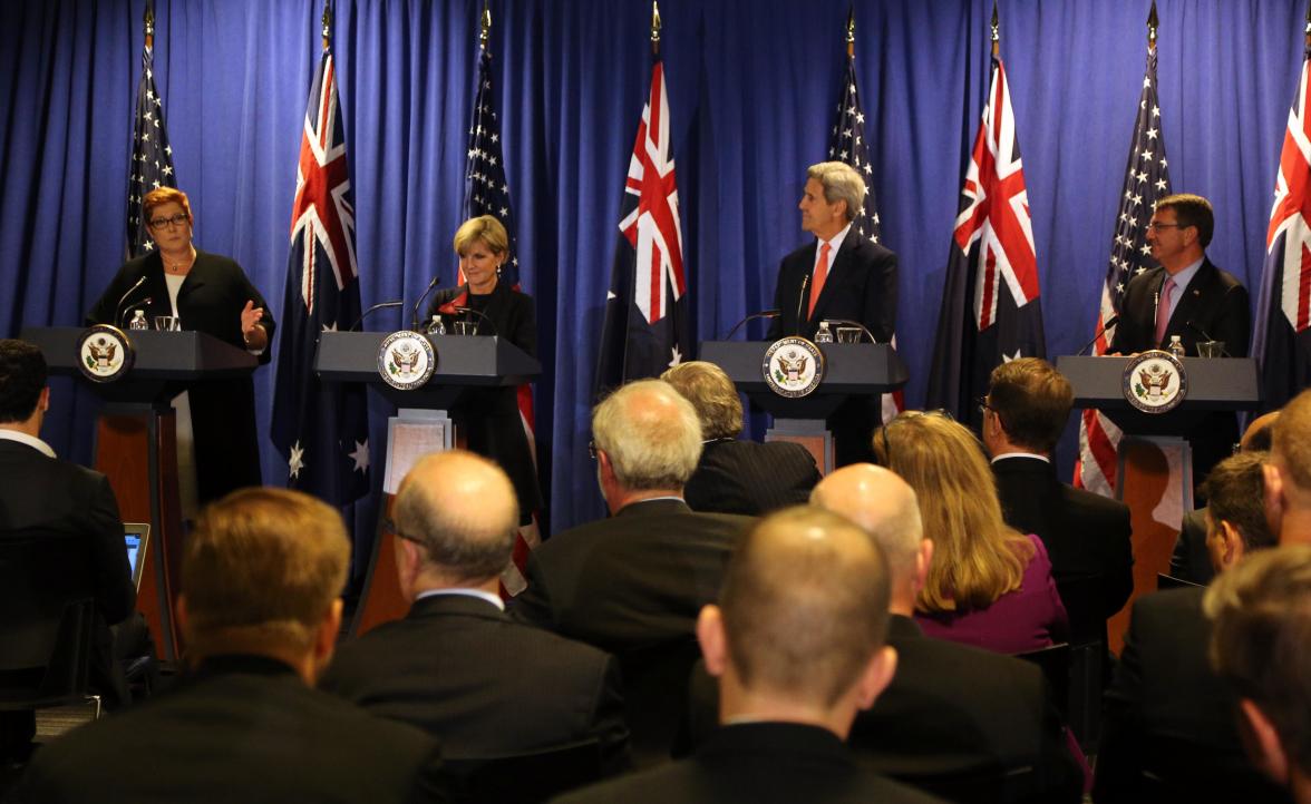 Defence Minister Marise Payne, Foreign Minister Julie Bishop and US Secretary of State John Kerry and Secretary of Defense Ashton Carter at a joint press conference following AUSMIN consultations in Boston, October 13,2015. photo by Trevor Collens/DFAT.