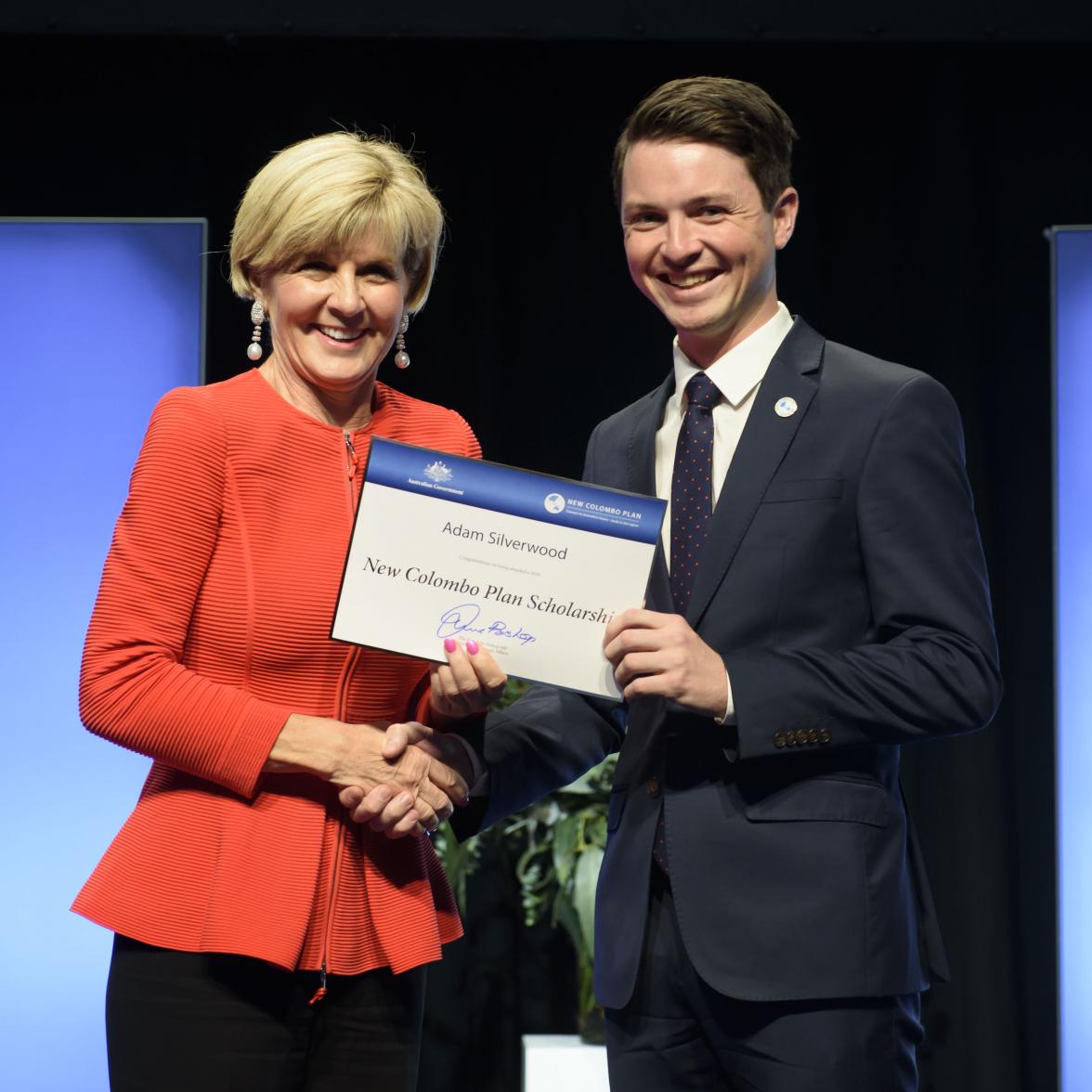 Foreign Minister Julie Bishop with Adam Silverwood, 2018 Hong Kong  Scholar, Australian National University