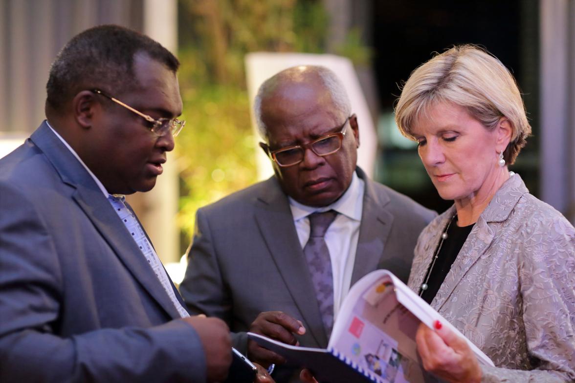 Foreign Minister Julie Bishop with Madagascar's Tourism Minister the Hon Benjamina Ramanantsoa Ramarcel at an Australian alumni reception in Madagascar. 12 September 2014.