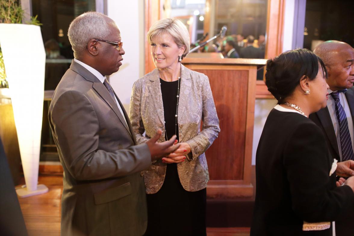 Foreign Minister Julie Bishop with Madagascar Minister of Tourism, the Hon Benjamina Ramanantsoa Ramarcel and the Director of Cabinet of the Ministry of Tourism Jean Michel Andrianasolo at an Australian alumni reception in Madagascar. 12 September 2014.