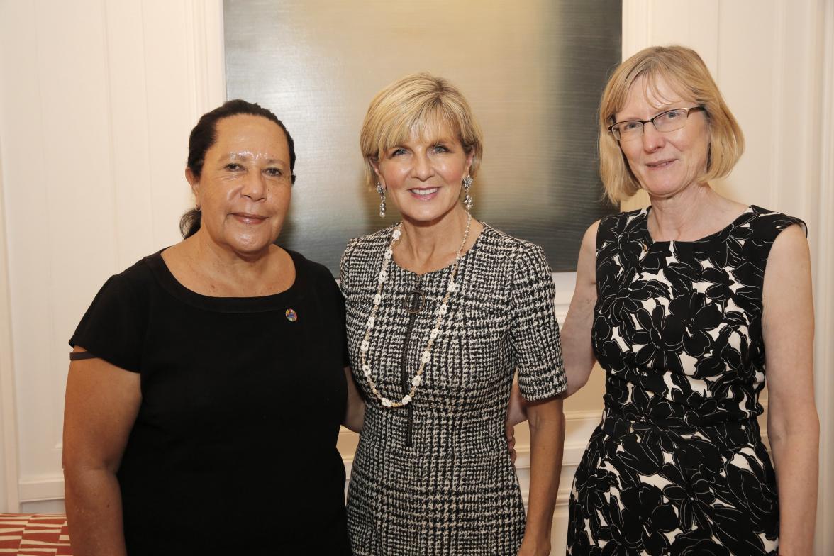 Foreign Minister Julie Bishop and Australian Ambassador to the United Nations, Gillian Bird, greet Dame Meg Taylor, Secretary-General of the Pacific Islands Forum, at a reception for Pacific Island Forum Countries in New York on 21 September 2017. 