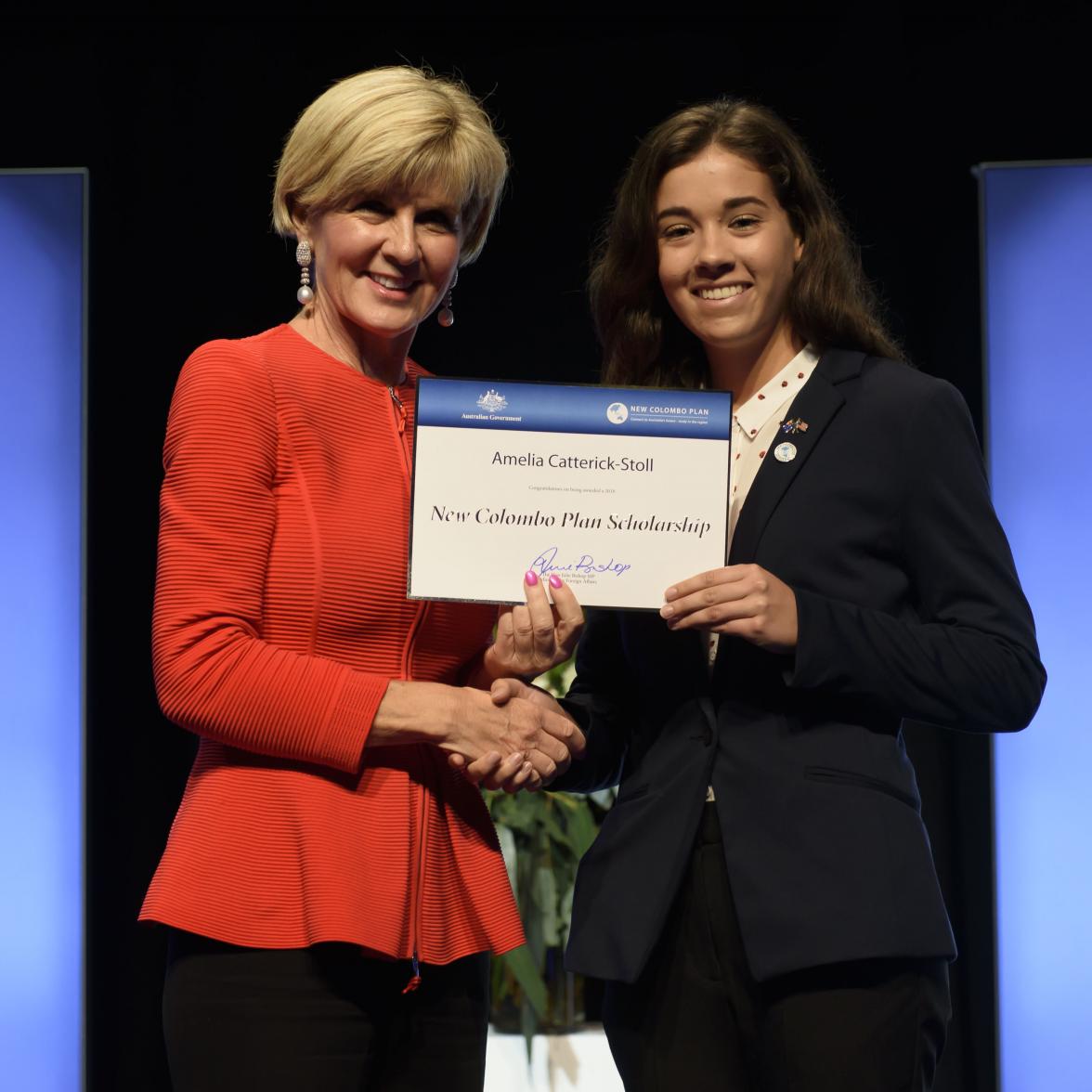 Foreign Minister Julie Bishop with Amelia Catterick-Stoll, 2018  Malaysia Scholar, the University of Western Australia