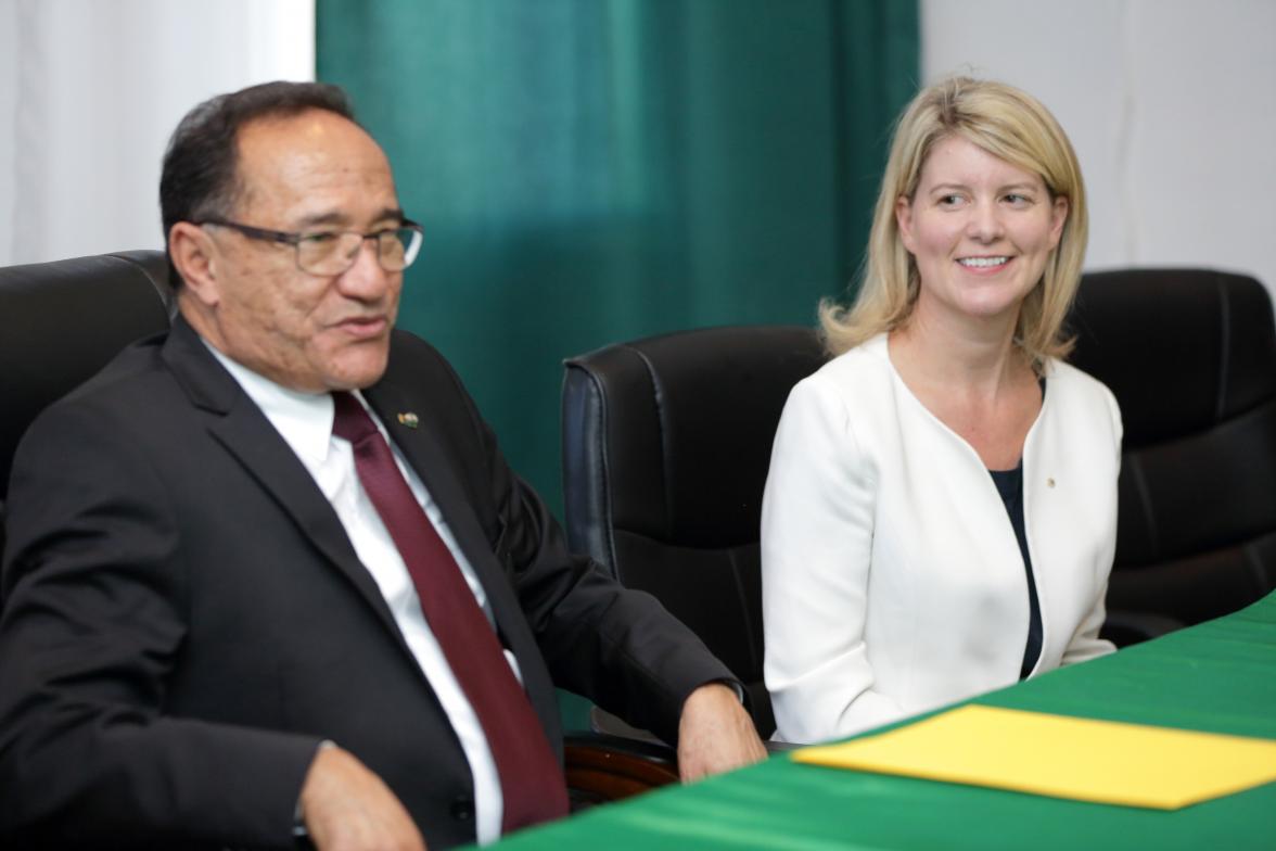 Australia's Ambassador for Women and Girls Natasha Stott Despoja and Malagasy Prime Minister Dr Roger Kolo at the launch of Australian Doctors for Africa. 12 September 2014. 