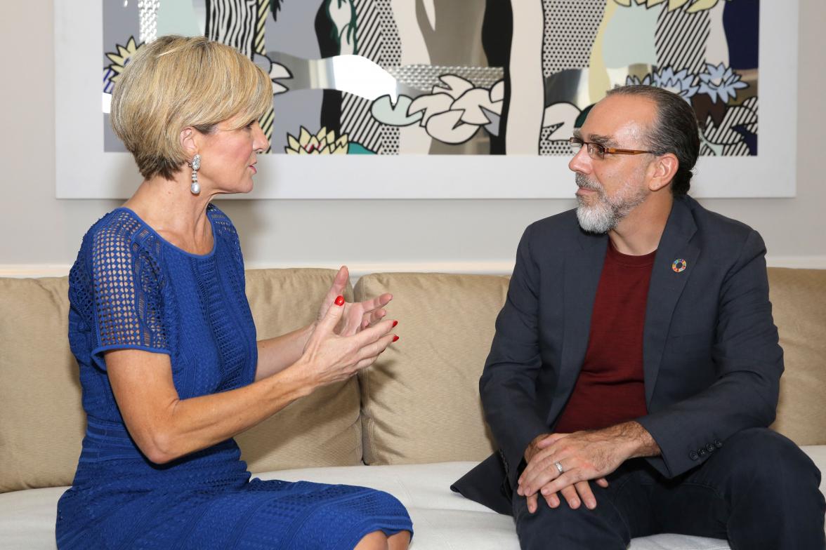 Foreign Minister Julie Bishop meets with entrepreneur Astro Teller on the margins of the United Nations General Assembly in New York on 20 September 2017.