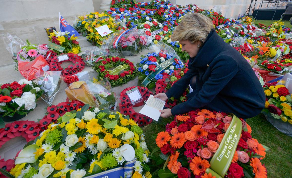 Wreaths laid at the ANZAC Day Dawn Service at Villers-Bretonneux, France, to commemorate those that fell during the Great War 2014-18.