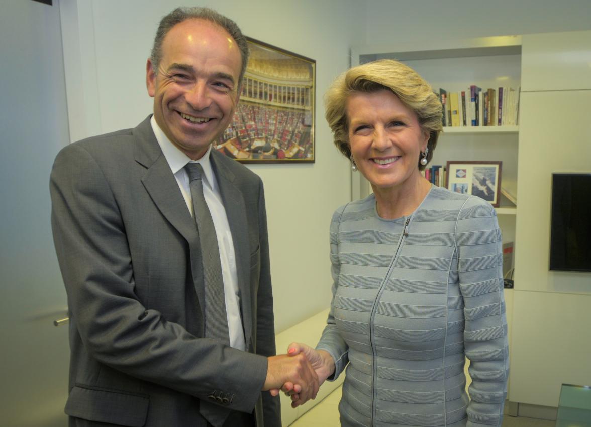 The Hon Julie Bishop MP, Foreign Minister of Australia, meets Mr Jean-François Copé, Leader of the Union for a Popular Movement, (UMP) at the UMP offices, Paris 24 April 2014. 