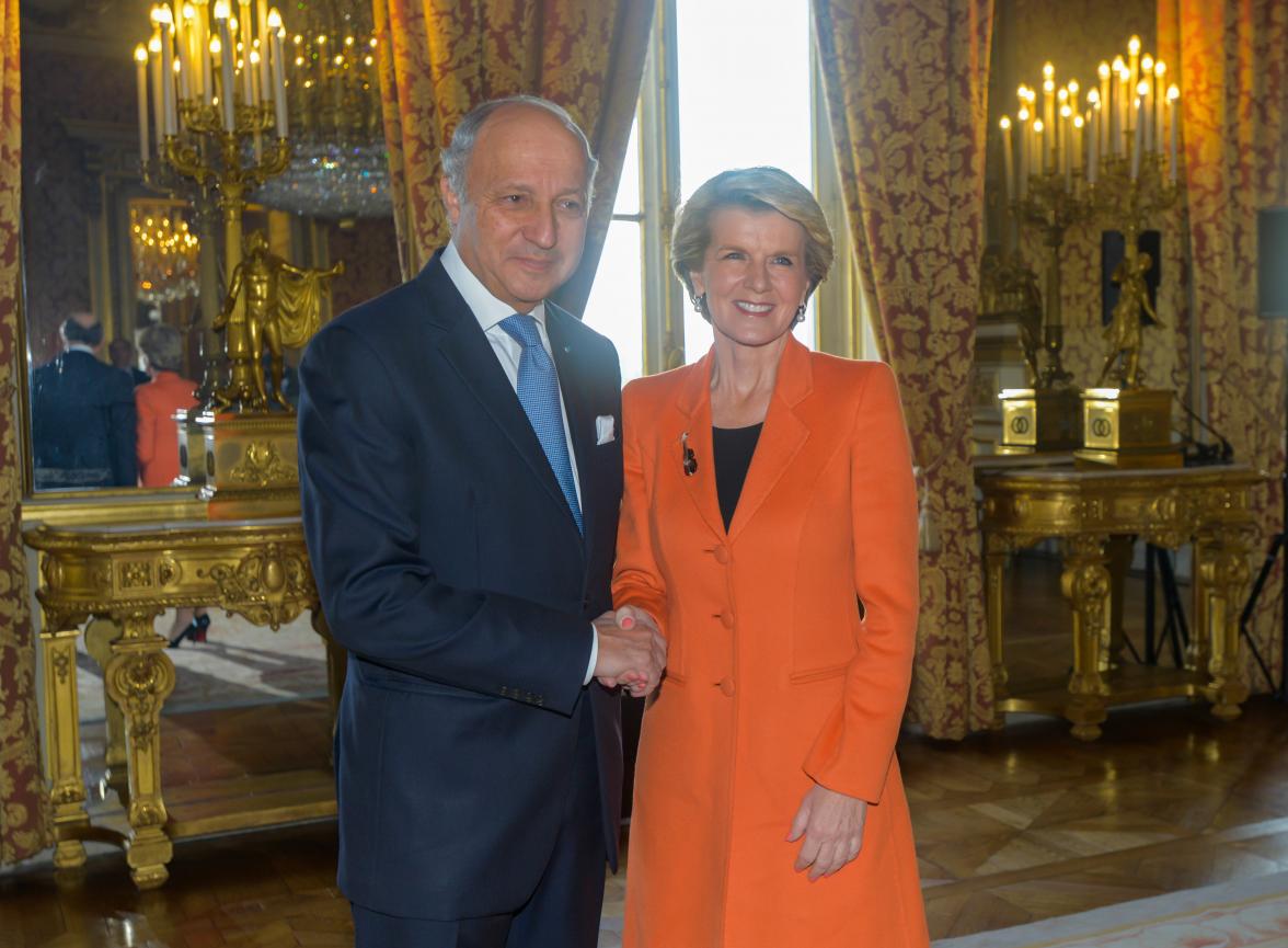 Australian Foreign Minister Julie Bishop meets with French Foreign Minister Laurent Fabius to discuss global and regional issues of mutual interest in Paris, April 2014. 