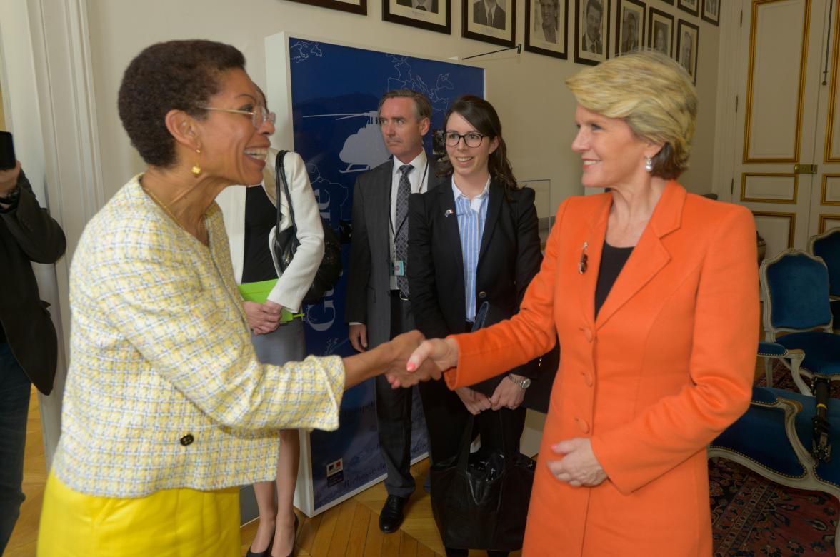 The Hon Julie Bishop MP, Foreign Minister of Australia, meets French Minister for Overseas Territories, Ms George Pau-Landevin, in Paris on 23 April 2014.