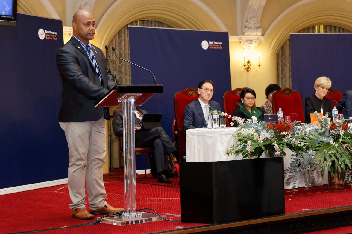 Modern slavery survivor Moe Turaga addresses the Bali Process Government and Business Forum in Perth, 25 August 2017.