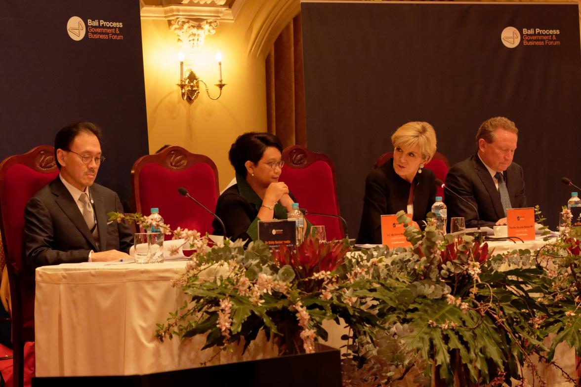 Bali Process Government and Business Forum Co-Chairs Foreign Minister Julie Bishop, Indonesian Foreign Minister Retno Marsudi, Australian business leader Andrew Forrest and his Indonesian counterpart Eddy Sariaatmadja open the forum in Perth, 25 August 20