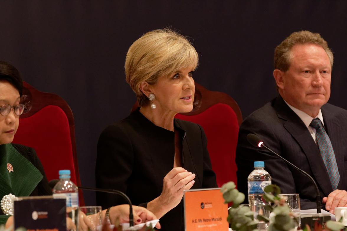 Foreign Minister Julie Bishop addresses the Bali Process Government and Business Forum in Perth, 25 August 2017.