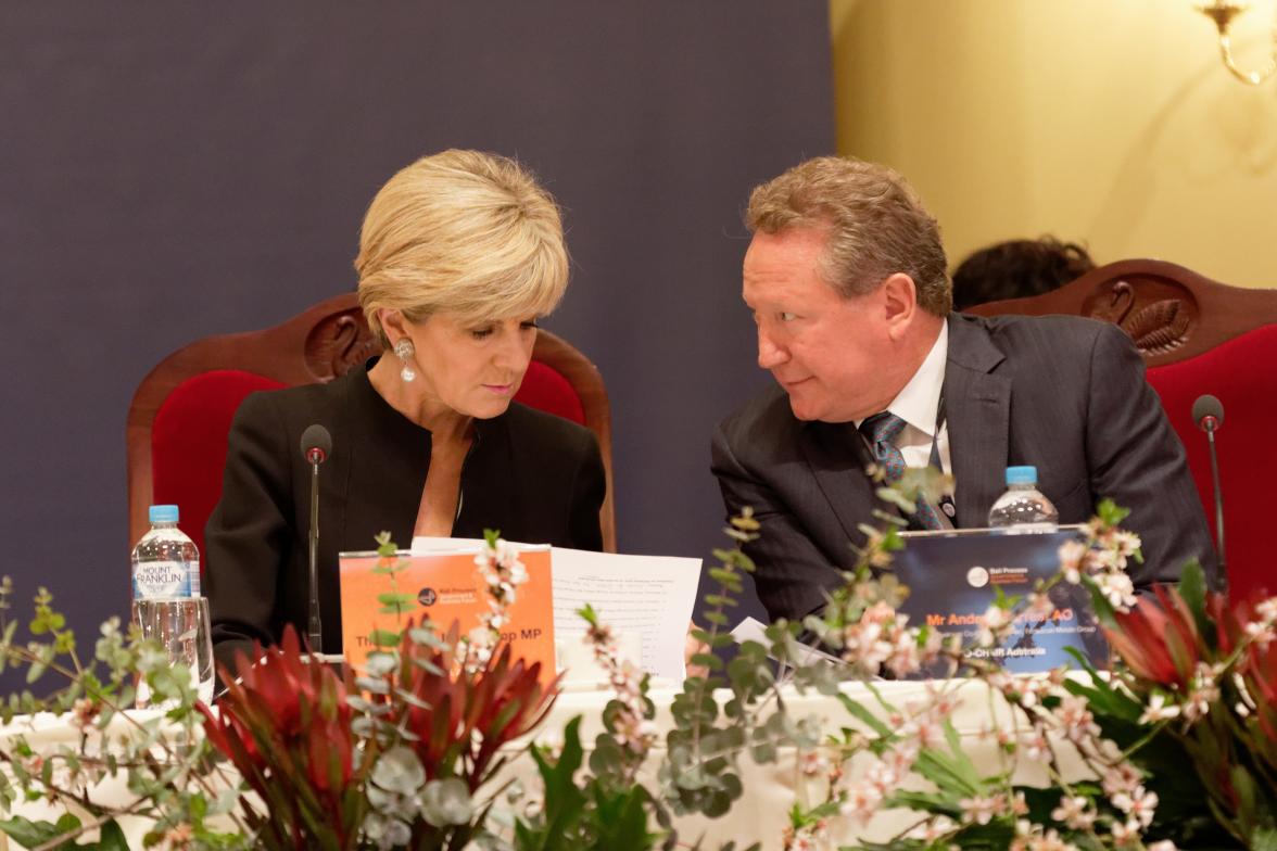 Foreign Minister Julie Bishop with Australian business leader Andrew Forrest at the Bali Process Government and Business Forum in Perth, 25 August 2017.