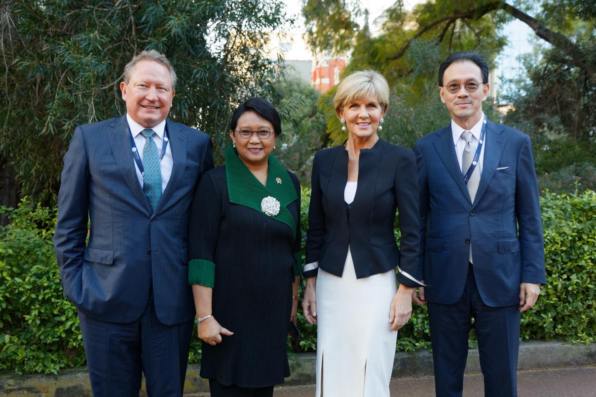 Foreign Minister Julie Bishop with Indonesian Foreign Minister Retno Marsudi, Australian business leader Andrew Forrest and his Indonesian counterpart Eddy Sariaatmadja arrive at Perth Government House for the Bali Process Government and Business Forum, 2