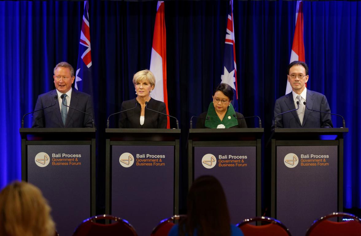 Bali Process Government and Business Forum Co-Chairs Foreign Minister Julie Bishop, Indonesian Foreign Minister Retno Marsudi, Australian business leader Andrew Forrest and his Indonesian counterpart Eddy Sariaatmadja address the media in Perth, 25 August