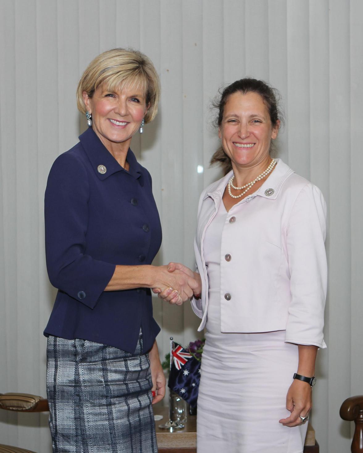 Foreign Minister Julie Bishop meeting with Canadian Minister of Foreign Affairs Chrystia Freeland at the sidelines of the ASEAN summit in Manila on shared strategic, economic and climate change priorities, Manila, 6 August 2017.