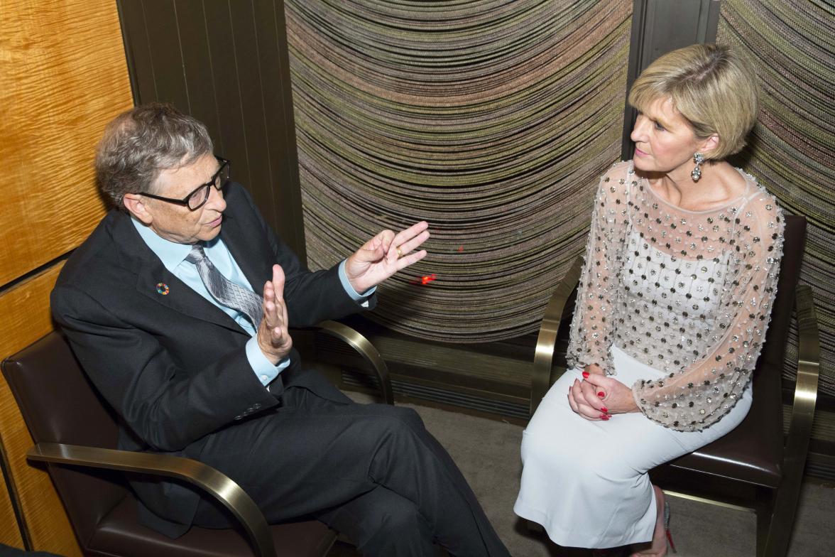 Foreign Minister Julie Bishop meets with philanthropist Bill Gates on the margins of the United Nations General Assembly in New York on 20 September 2017. 