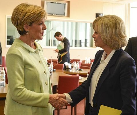 Australia's Foreign Minister Julie Bishop meets with President of the Foreign Affairs Commission Elisabeth Guigou at the National Assembly in Paris. 1 June 2015.