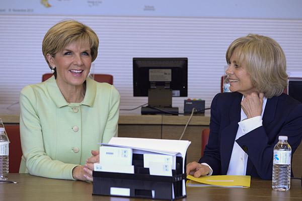 Australia's Foreign Minister Julie Bishop meets with President of the Foreign Affairs Commission Elisabeth Guigou at the National Assembly in Paris. 1 June 2015.