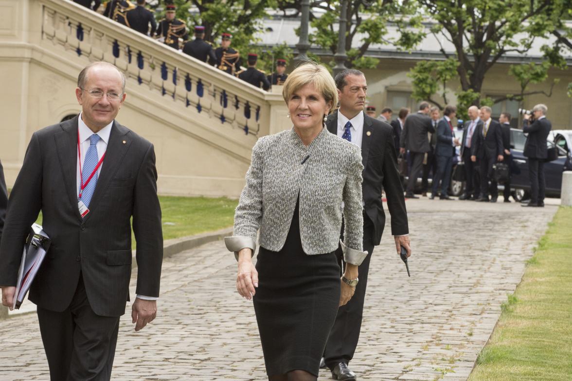 Foreign Minister Julie Bishop at the Ministry for Foreign Affairs following the Small Group Meeting of the Global Coalition Against Daesh. 2 June 2015.