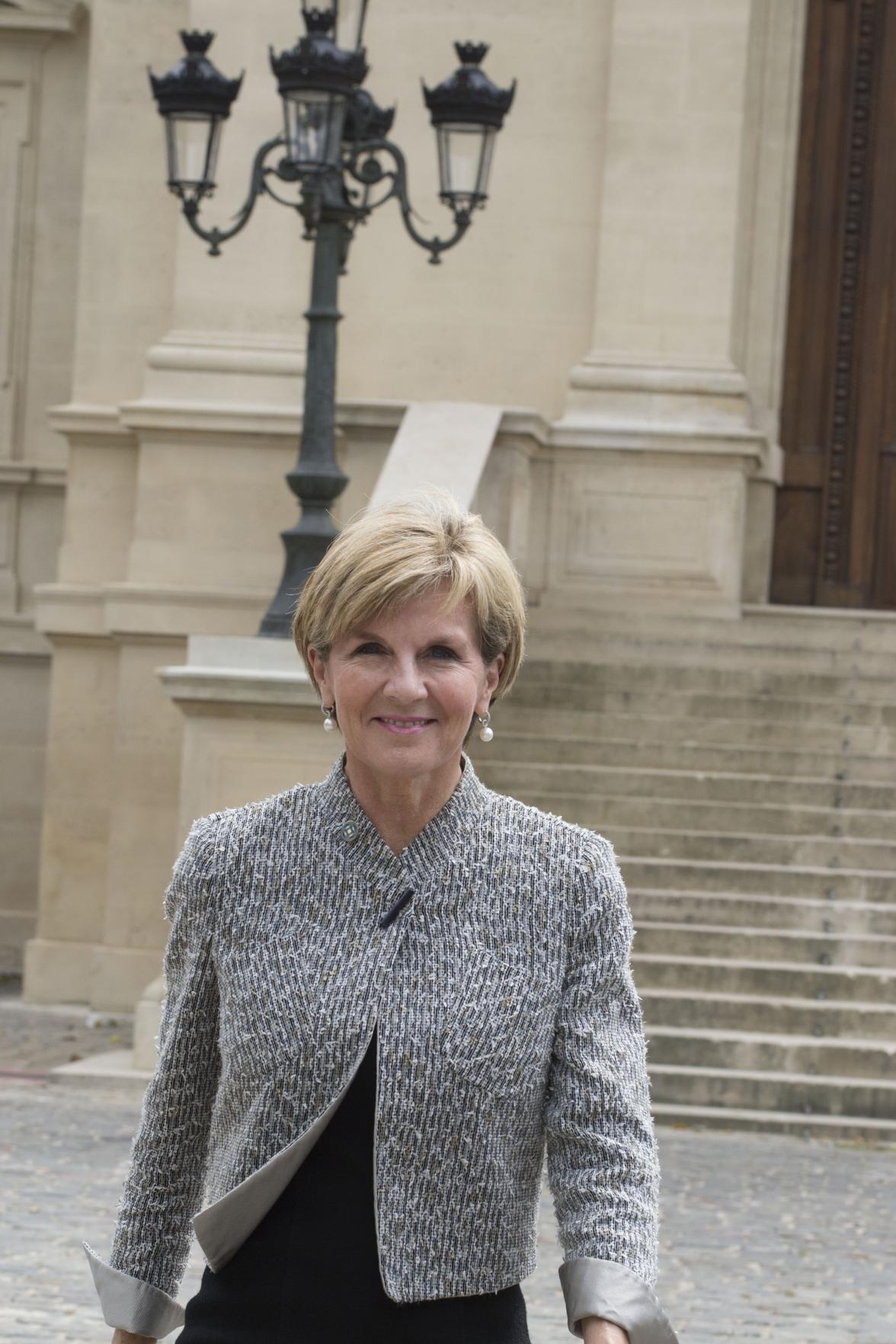 Foreign Minister Julie Bishop at the Ministry for Foreign Affairs following the Small Group Meeting of the Global Coalition Against Daesh. 2 June 2015.