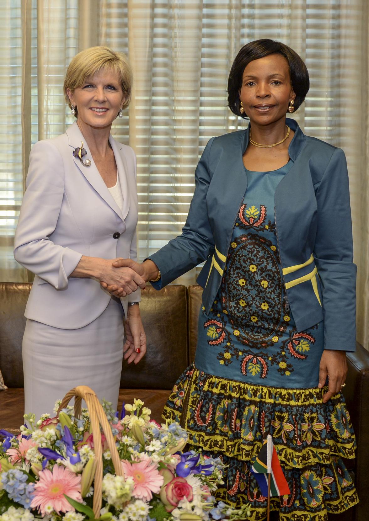 Australia’s Foreign Minister Julie Bishop meets with South Africa’s Minister of International Relations and Cooperation the Hon Maite Nkoana-Mashabone. 11 September 2014.