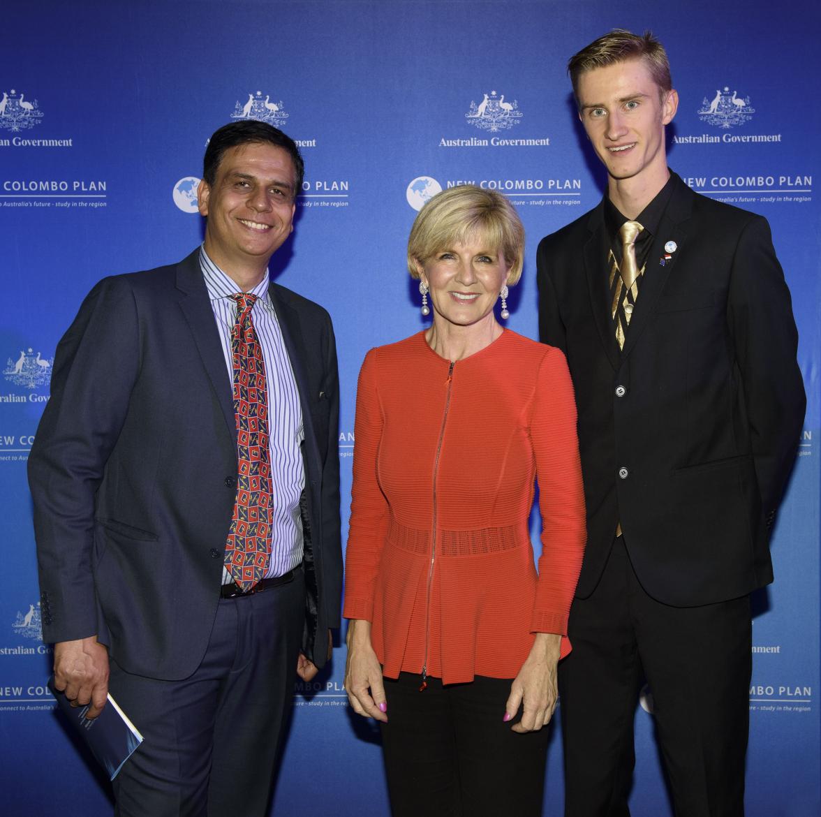 Foreign Minister Julie Bishop with Associate Professor Rajesh Sarin and scholar Branyon Apel, Central Queensland University