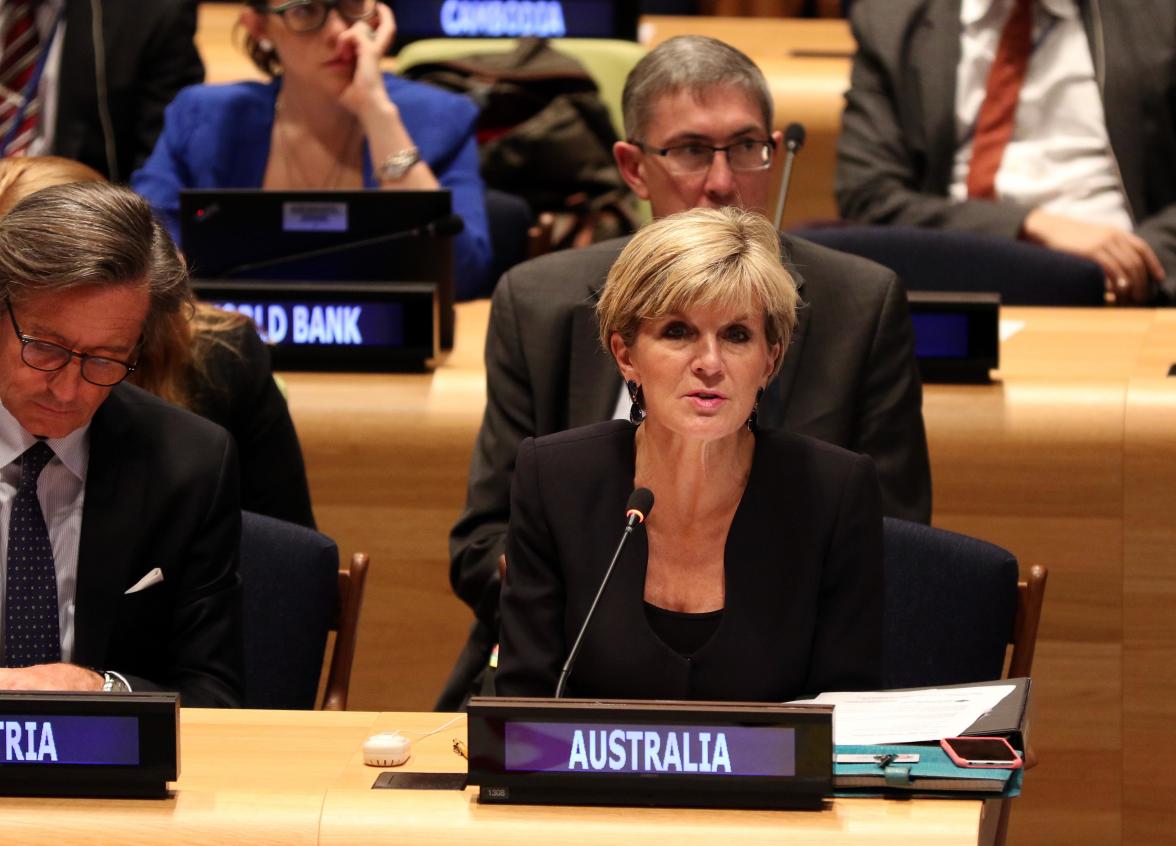 Australian Foreign Minister Julie Bishop speaks at SDG Summit Interactive Session: Fostering Sustainable Economic Growth Transformation and Promoting Sustainable Consumption and Production, at UN Headquarters in New York, Saturday September 26, 2015. phot