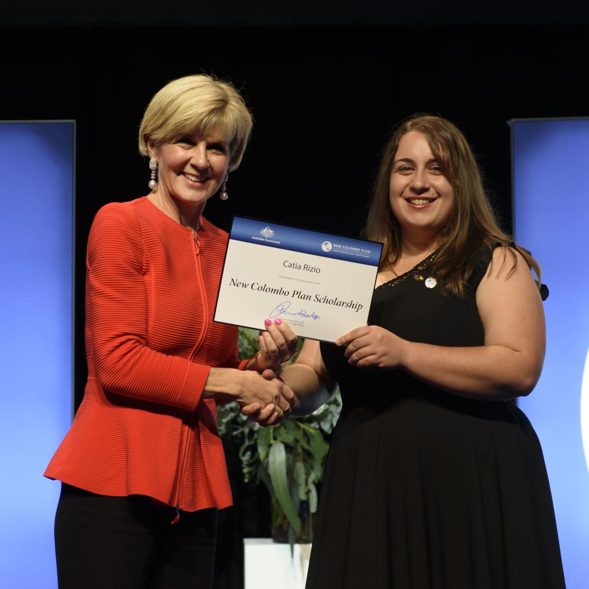 Foreign Minister Julie Bishop with Catia Rizio, 2018 Myanmar Scholar, Australian National University