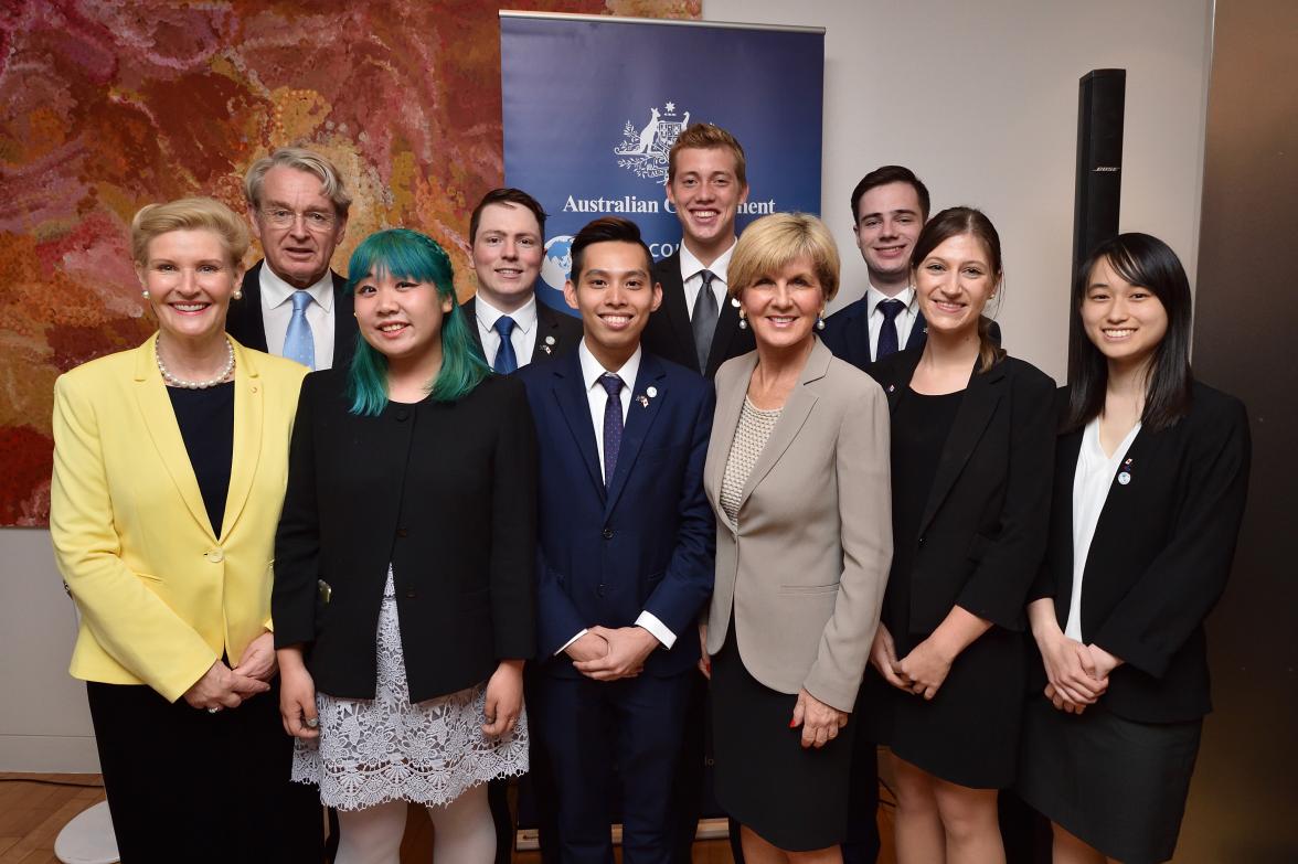 Foreign Minister Julie Bishop with Australian Ambassador to Japan, Mr Richard Court AC, Mrs Jo Court and the New Colombo Plan Scholars at the 60th anniversary of the signing of the Commerce Agreement commemoration event at the Australian Embassy, Tokyo