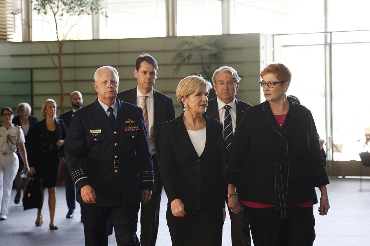 Foreign Minister Julie Bishop and Defence Minister Marise Payne at the Japanese Prime Minister’s office in Tokyo on 20 April 2017. Photo Credit: DFAT/Ken Shimizu