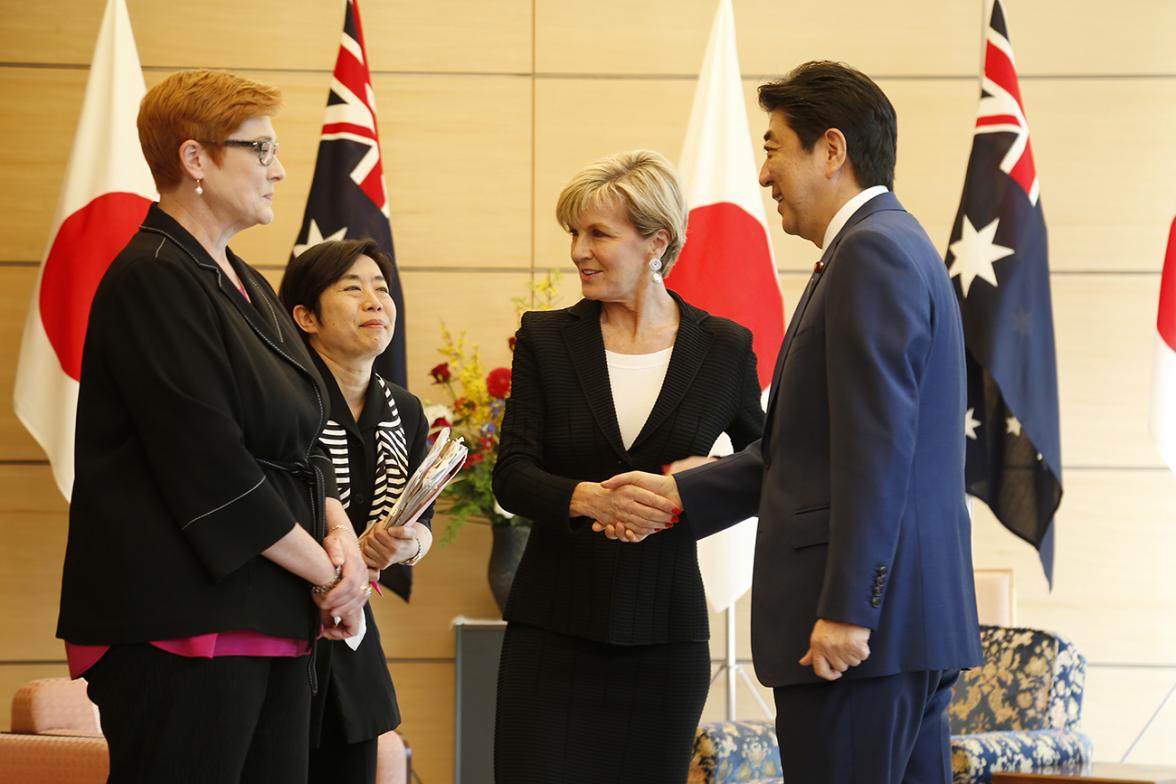 Foreign Minister Julie Bishop and Defence Minister Marise Payne meet with Japanese Prime Minister Shinzo Abe in Tokyo on 20 April 2017. Photo Credit: DFAT/Ken Shimizu