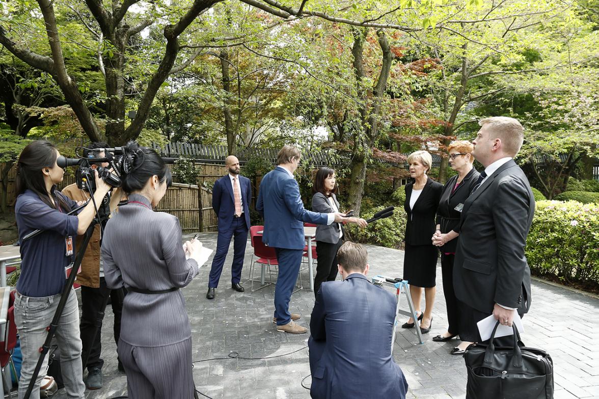 Foreign Minister Julie Bishop and Defence Minister Marise Payne conduct a doorstop interview with Japanese and Australian media at the Australian Embassy in Tokyo on 20 April 2017. Photo Credit: DFAT/Ken Shimizu