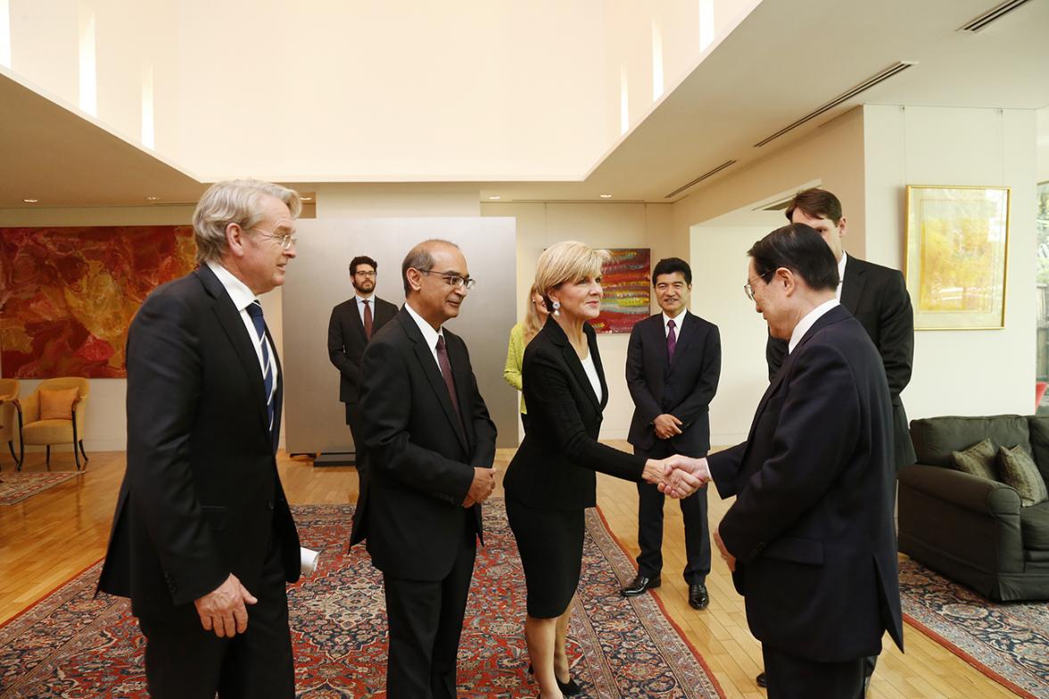 Foreign Minister Julie Bishop meets with Professor Satoshi Morimoto, Chancellor, Takushoku University together with Australian Ambassador to Japan, Mr Richard Court AC and Mr Bassim Blazey, Minister-Counsellor, Australian Embassy Tokyo on 20 April 2017. P