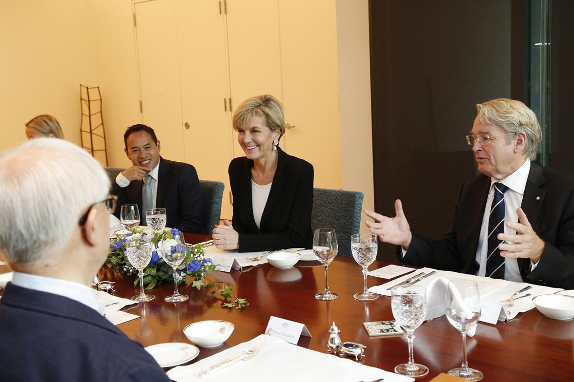 Foreign Minister Julie Bishop at the Australian Embassy Tokyo with Australian Ambassador to Japan, Mr Richard Court AC on 20 April 2017.