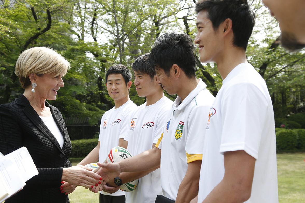 Foreign Minister Julie Bishop meets with Japanese touch football players at the Australian Embassy Tokyo on 20 April 2017. Photo Credit: DFAT/Ken Shimizu