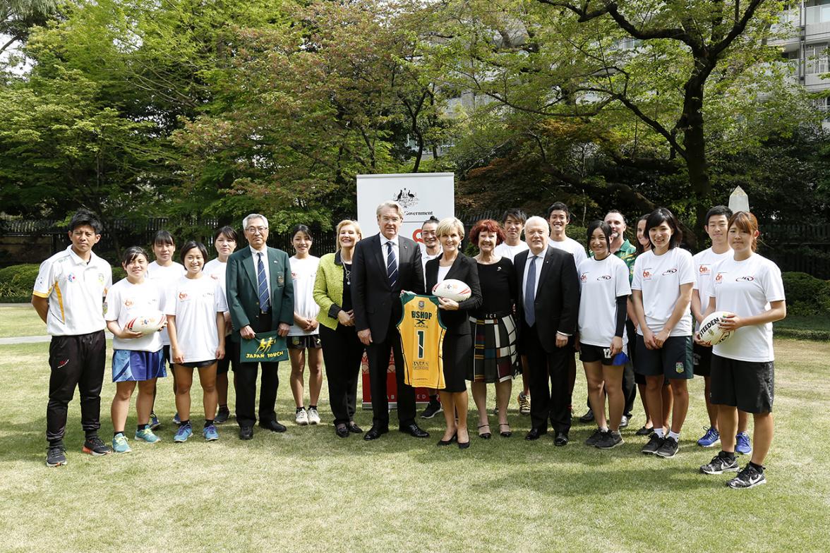 Foreign Minister Julie Bishop meets with Japanese touch football players, Mr Shusaku Kuchimoto, Chairman of the Japan Touch Association, Mr Wayne Grant, High Performance Manager, Touch Football Australia and Ms Marikki Watego, Australian Women’s Open Team