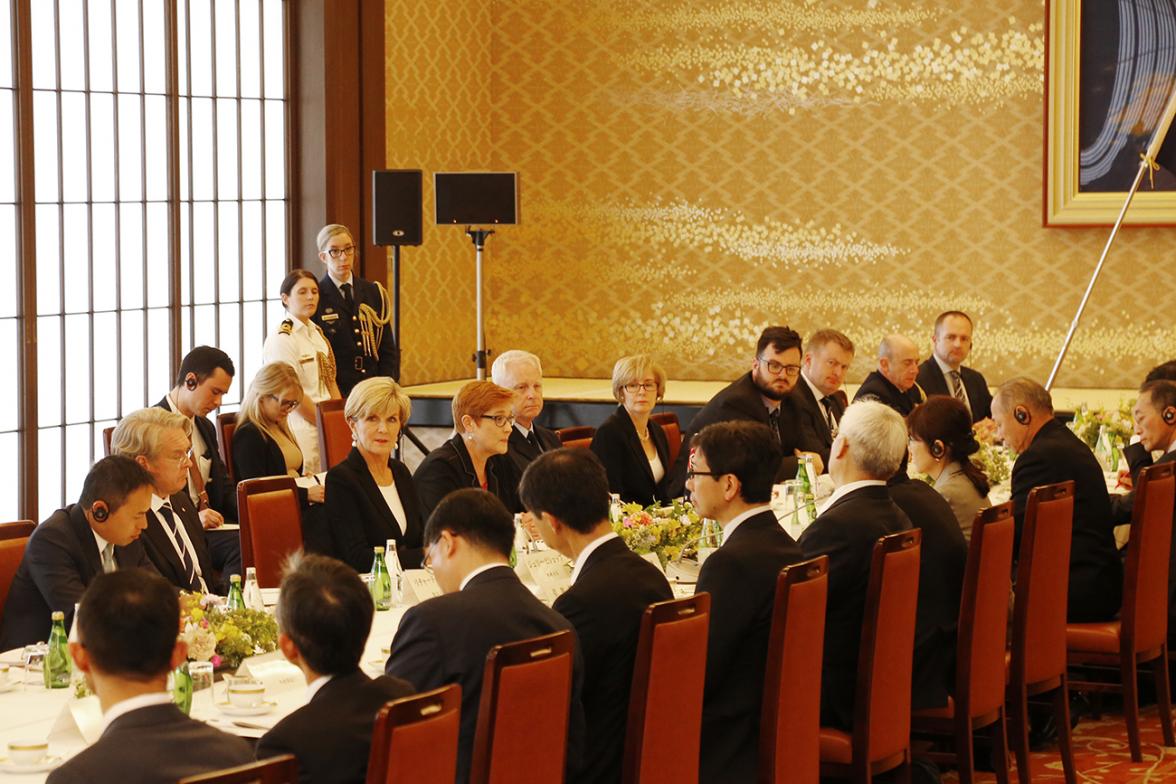 Foreign Minister Julie Bishop and Defence Minister Marise Payne with Foreign Minister Fumio Kishida and Defence Minister Tomomi Inada at the Australia-Japan Foreign and Defence Ministers' Meeting (2+2) in Tokyo on 20 April 2017. Photo Credit: DFAT/Ken Shi