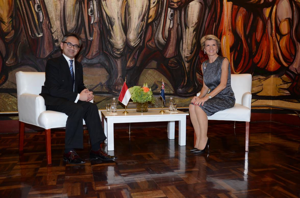 The Minister for Foreign Affairs of Australia, The Hon Julie Bishop MP, and the Minister for Foreign Affairs of Indonesia, Marty Natalegawa, during a bilateral meeting in the margins of the MIKTA Foreign Ministers Retreat in Mexico City. 14 April 2014.