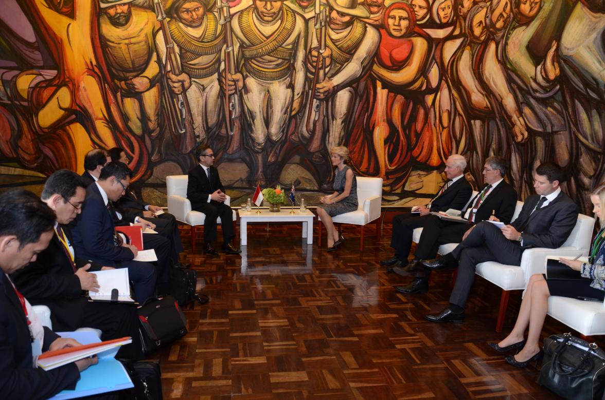 The Minister for Foreign Affairs of Australia, The Hon Julie Bishop MP, and the Minister for Foreign Affairs of Indonesia, Marty Natalegawa, during a bilateral meeting in the margins of the MIKTA Foreign Ministers Retreat in Mexico City. 14 April 2014.