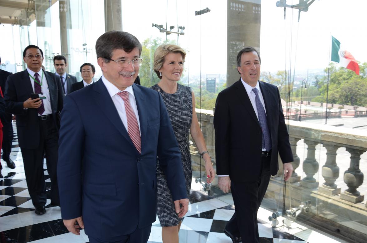 The Minister for Foreign Affairs of Australia, The Hon Julie Bishop MP, with the Minister for Foreign Affairs of Turkey, Ahmet Davutoglu and the Minister for Foreign Affairs of Mexico, Jose Antonio Meade, during the MIKTA Foreign Ministers Retreat in Mexi