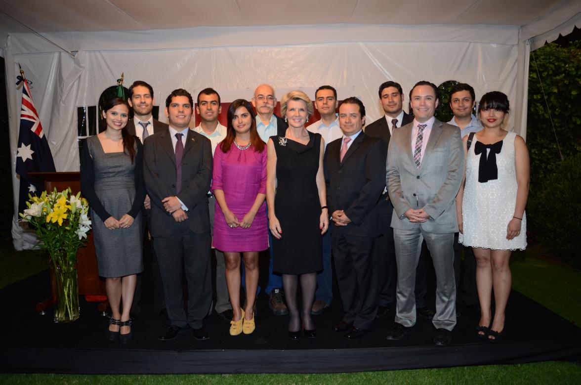 The Minister for Foreign Affairs of Australia, The Hon Julie Bishop MP, with Mexican recipients of Australian scholarships during a function at the Australian official residence in Mexico City. 14 April 2014.