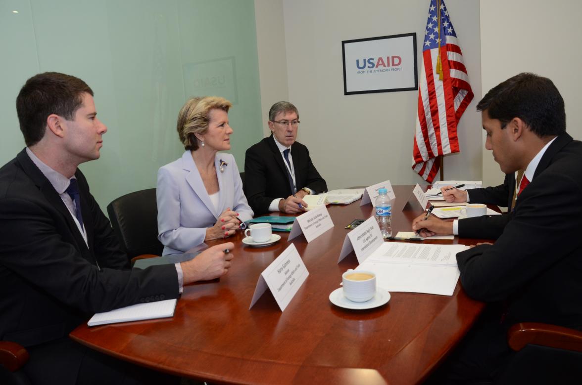 The Minister for Foreign Affairs of Australia, The Hon Julie Bishop MP and the Administrator of the United States Agency for International Development, Rajiv Singh, during a bilateral meeting in the margins of the First High-Level Meeting of the Global Pa