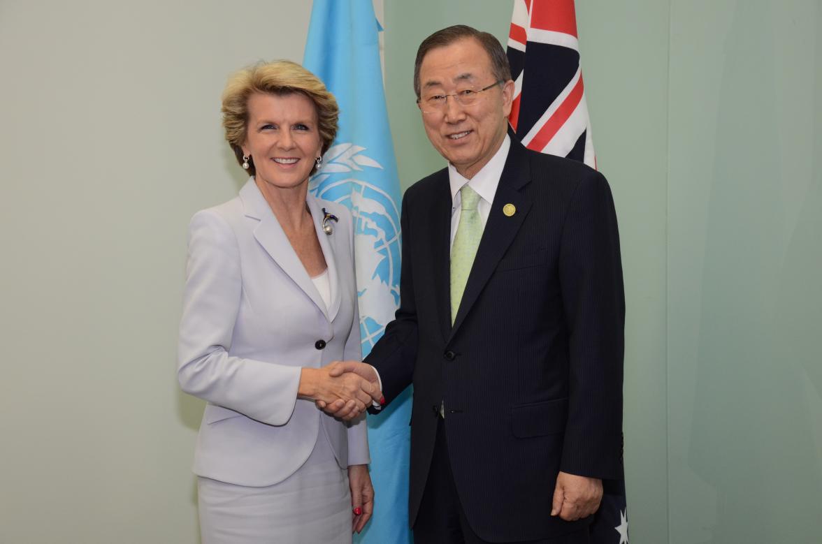 The Minister for Foreign Affairs of Australia, The Hon Julie Bishop MP and the United Nations Secretary-General, Ban Ki-moon, during a bilateral meeting in the margins of the First High-Level Meeting of the Global Partnership for Development Cooperation i